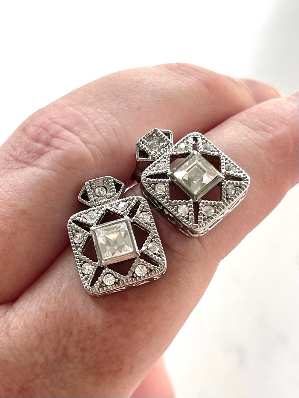 Premier Designs Silver-Tone Clear Crystal Square Drop Earrings